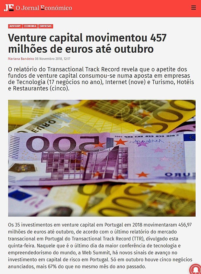 Venture capital movimentou 457 milhes de euros at outubro